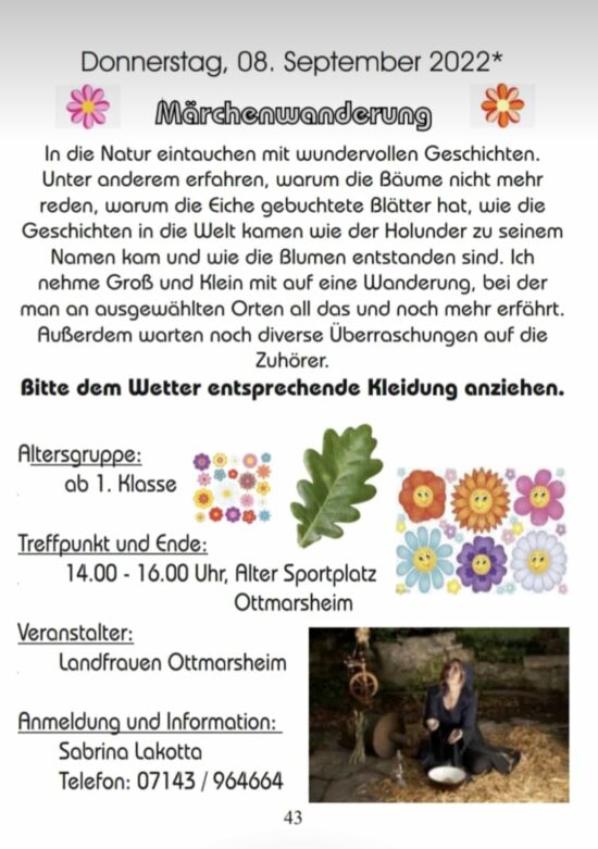 Märchenwanderung am Donnerstag, 08.09.2022 um 14 Uhr